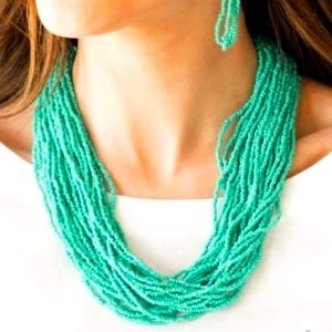 Teal Seed Bead Necklace and Earring Set